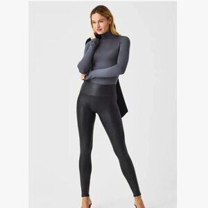 Spanx Women's Full Length Faux Leather Leggings Sz S Black Mid rise Athleisure